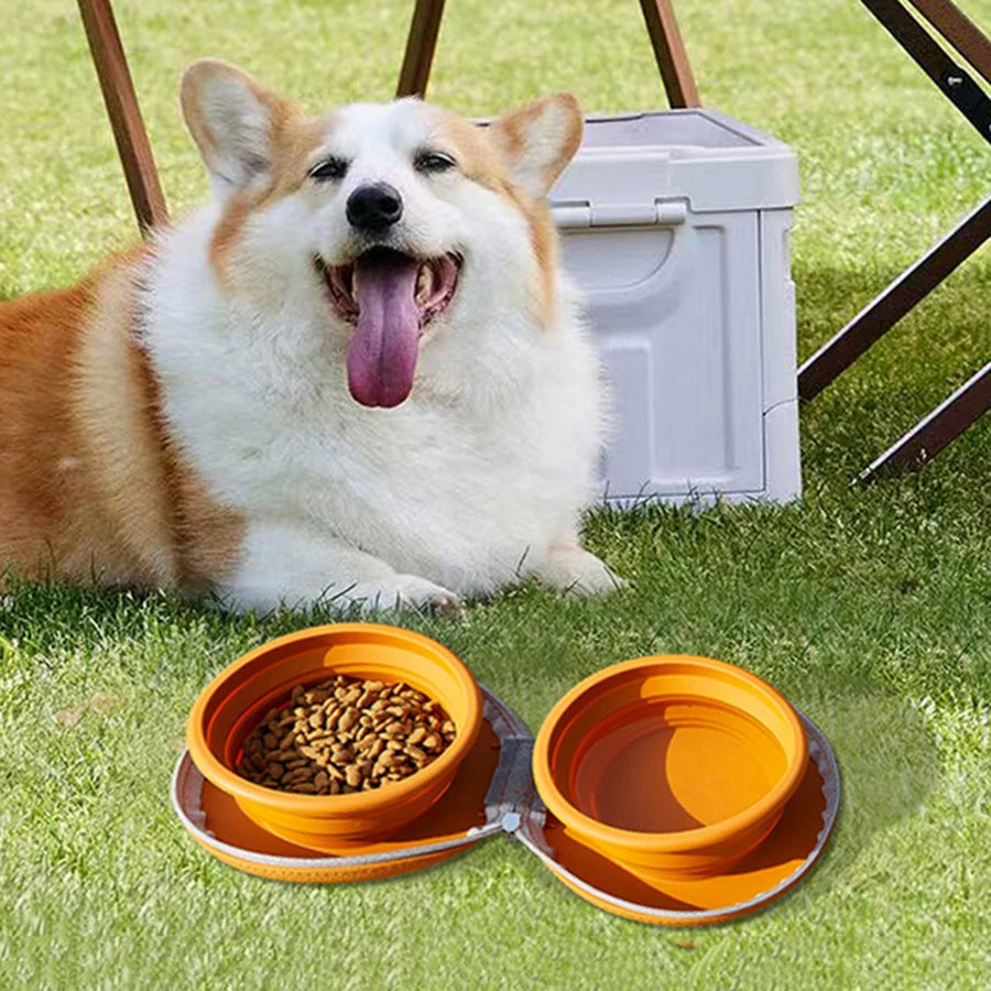 2 in 1 Foldable Pet Food Bowl Portable Silicone Puppy Dual Bowl Outdoor Travel Dog Drinking Bowl Folding Cat Bowls Dog Bowls