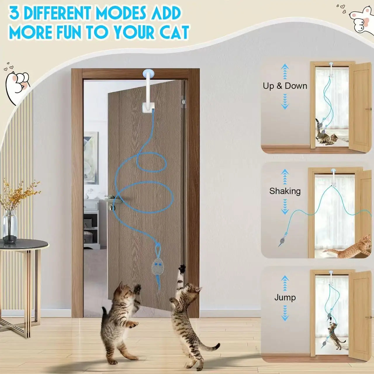Door Hanging Auto-Rebound Cat Toy, Retractable Kitten Teaser with 3 Colorful Mice, Interactive Pet Play Toy for Indoor Cats