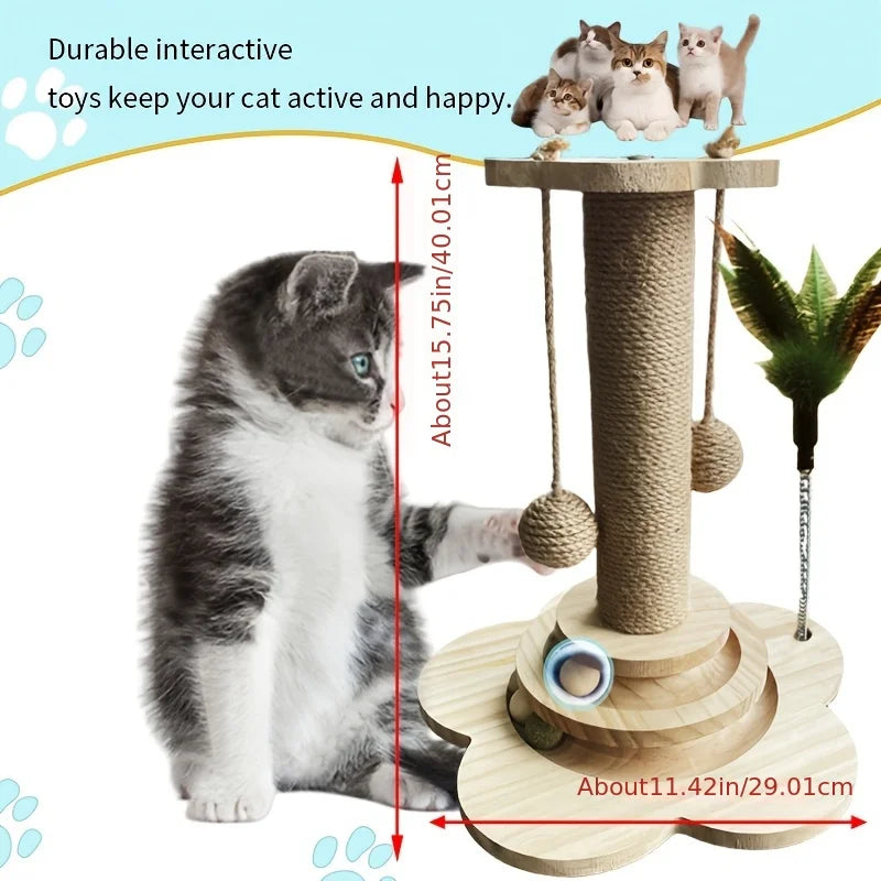 Indoor Cat Scratching Post for Home Pets, 2-Layer Ball Track Kitten Toy with Teasing Wand, Sisal Cat Scratching Post with Toy Ball