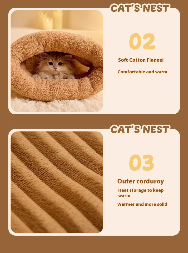 Enclosed Cat Cave Bed with Tunnel Entrance - Self Warming Plush Sleeping Bag for Winter, Security Hideaway for Pets