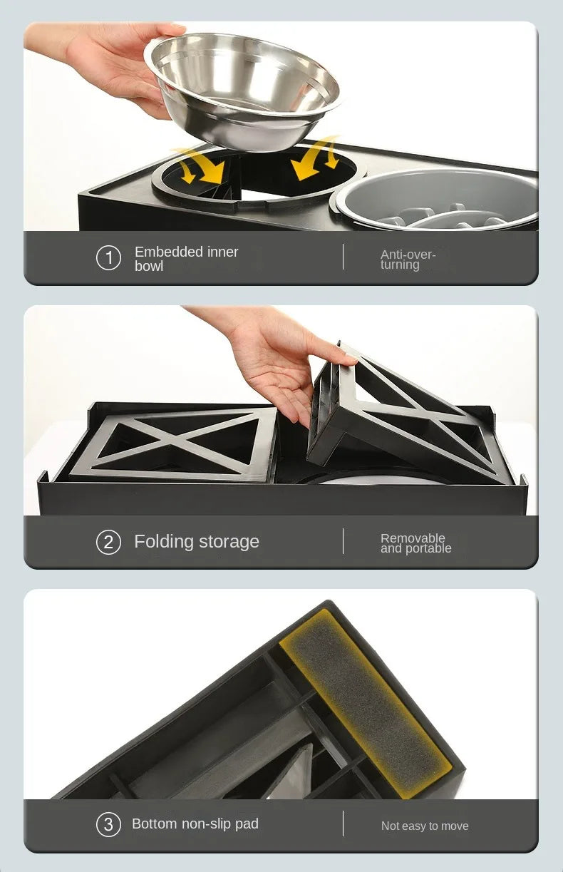 Dog Double Elevated Bowls Stand 3 Adjustable Height Pet Slow Feeding Dish Bowl Medium Big Dog Elevated Food Water Feeders Table