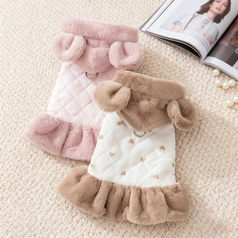 Heart Print Dog Down Jacket Winter Warm Dog Cotton Dress Luxury Puppy Coat Cute Soft Cat Jacket Coat Pet Dress Chihuahua Outfits