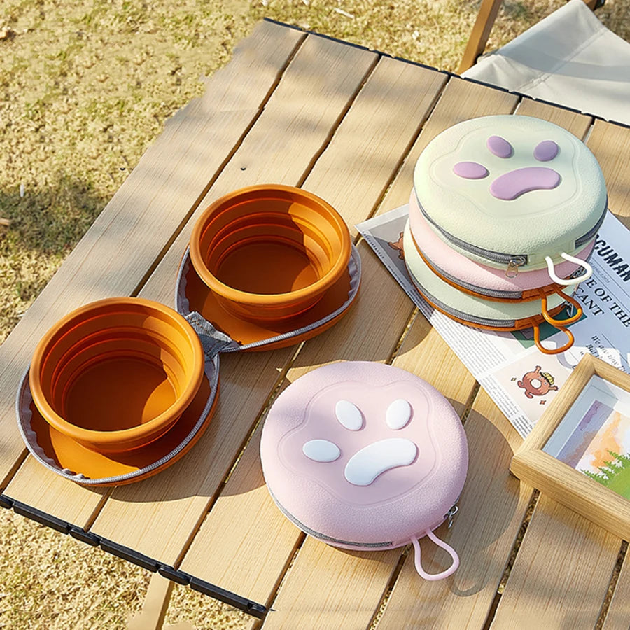 2 in 1 Foldable Pet Food Bowl Portable Silicone Puppy Dual Bowl Outdoor Travel Dog Drinking Bowl Folding Cat Bowls Dog Bowls