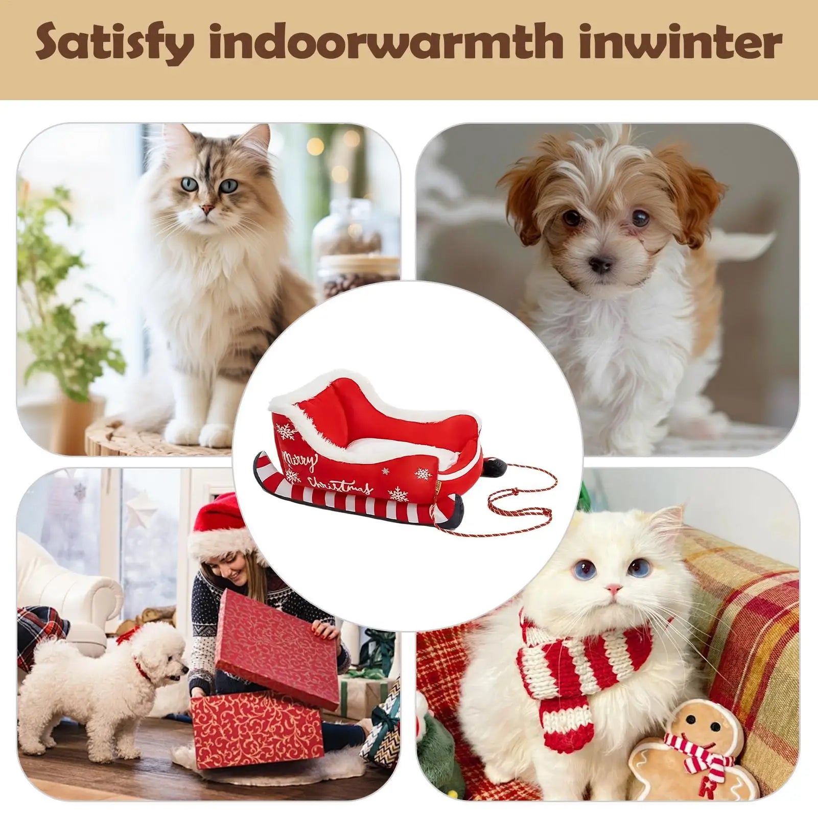 Christmas Cat Bed Cushion Warm with Non-slip Base Washable Dog Bed for Winter Puppy Animal Indoor Outdoor Outside Car Sofa Crate