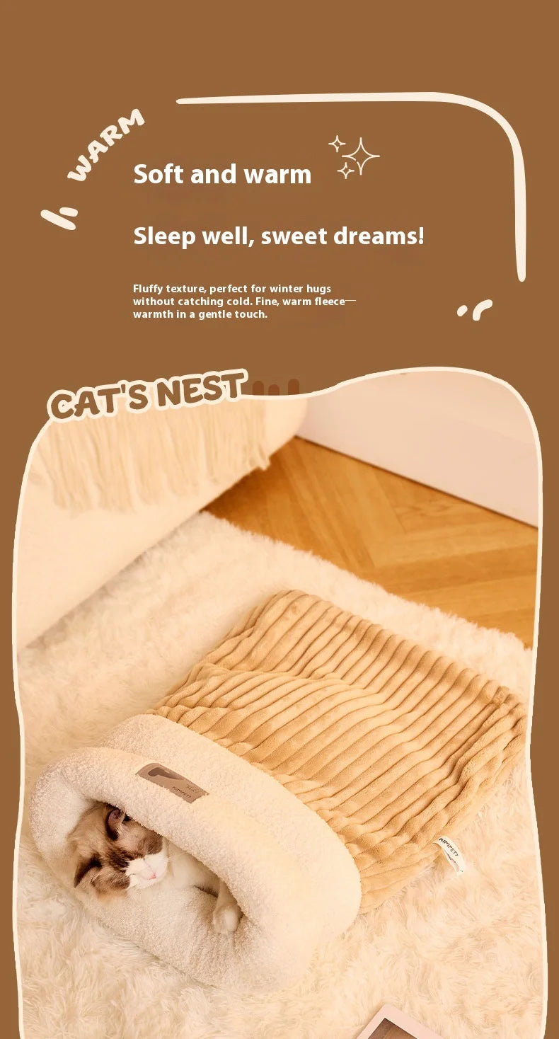 Enclosed Cat Cave Bed with Tunnel Entrance - Self Warming Plush Sleeping Bag for Winter, Security Hideaway for Pets