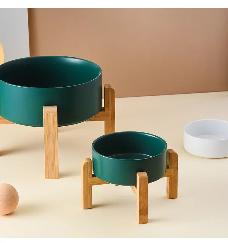 1800ml Big Dogs Bowl Double Ceramic Elevated Pet Food Water Feeders Small Medium Large Dog Feeding Supplies with Wooden Stand