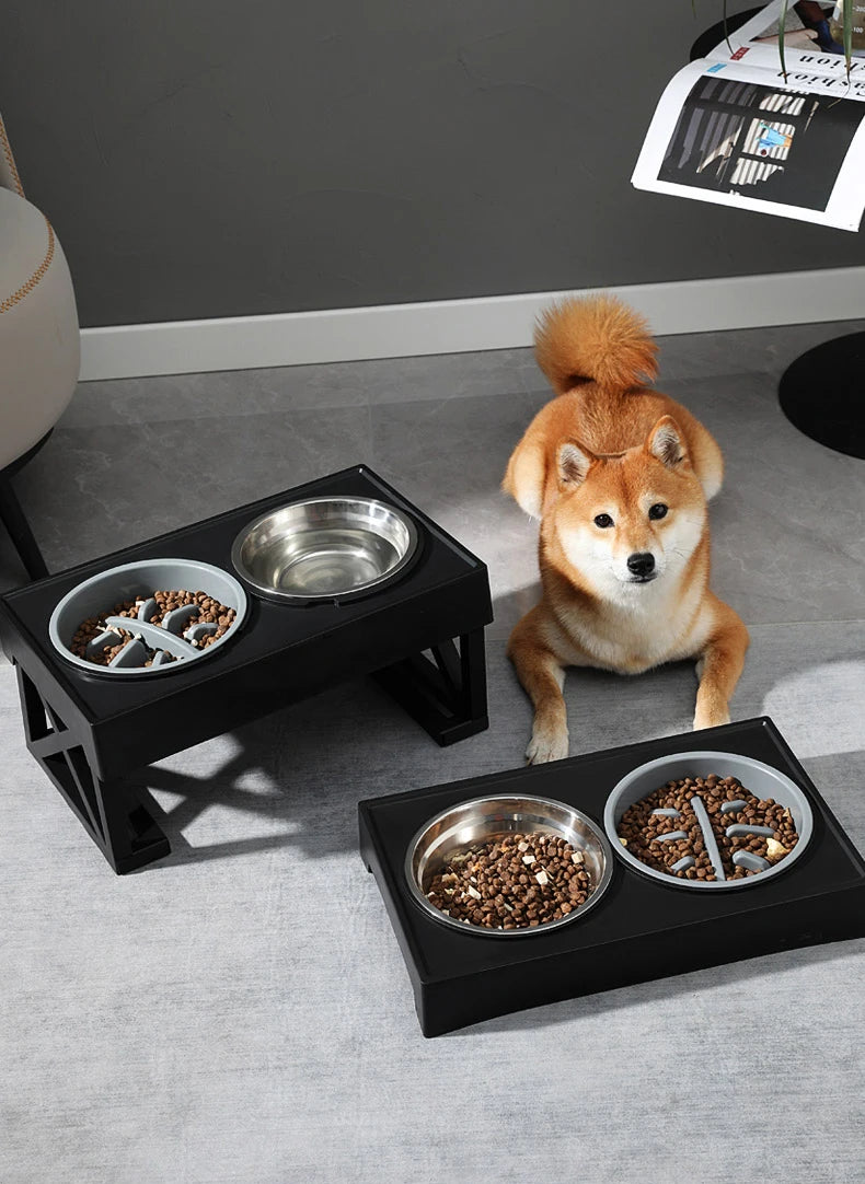 Dog Double Elevated Bowls Stand 3 Adjustable Height Pet Slow Feeding Dish Bowl Medium Big Dog Elevated Food Water Feeders Table