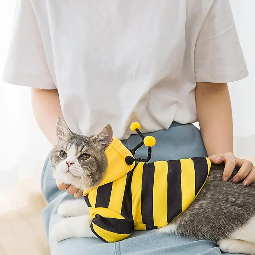Cat Dog Bee Costume Soft Cat Holiday Cosplay Winter Warm Clothes Pet Bee Halloween Hoodies for Pet Supplies