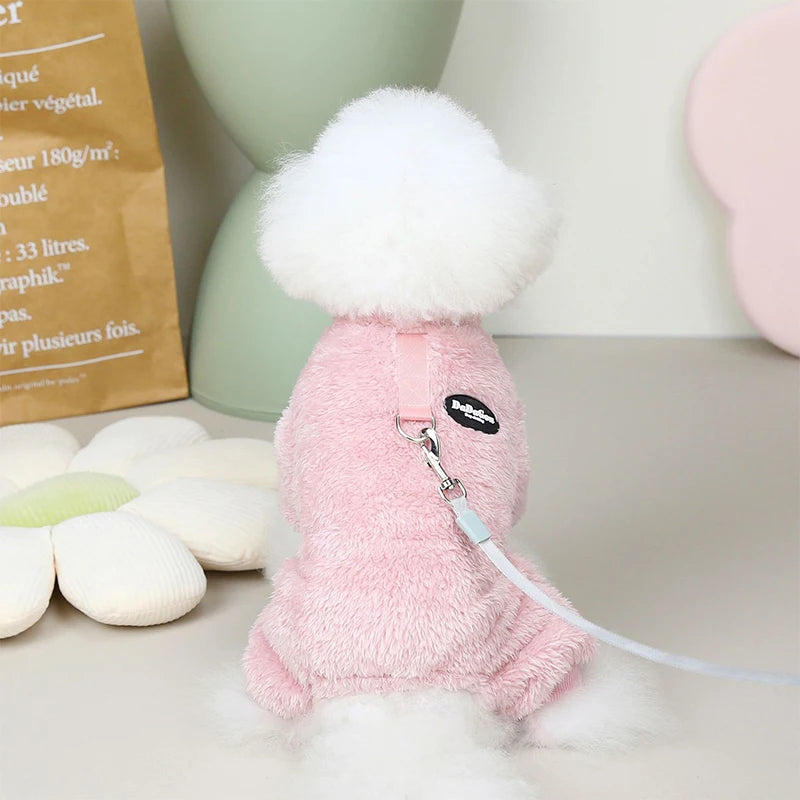 Pet Dog Leash-attachable Plush Sweater Jacket Winter Warm Cat Teddy Chihuahua Clothes Outfits Apparel Cute Outdoor Accessories
