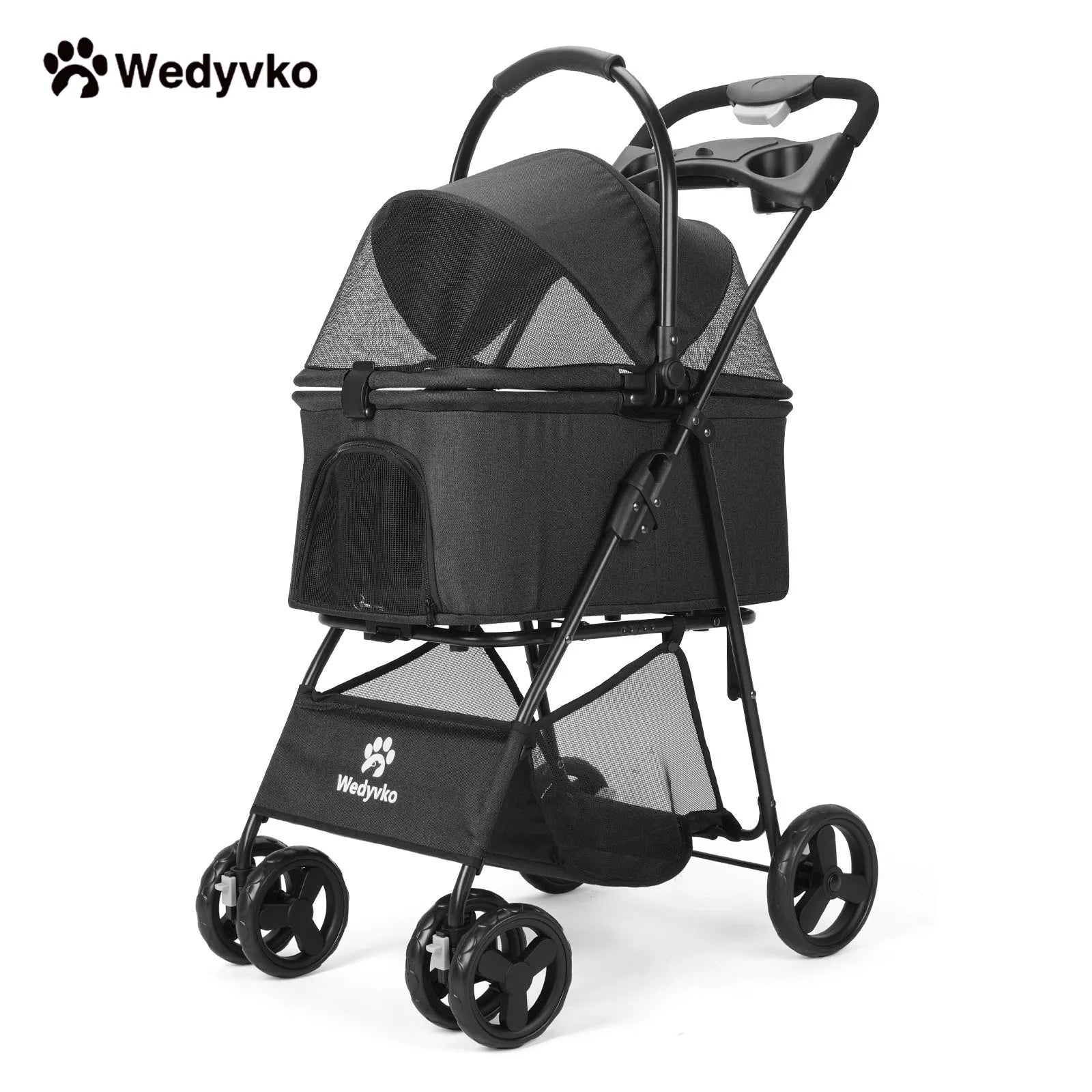 Wedyvko Luxury Detachable Pet Stroller Light Cup Holder Design Four-wheeled Universal Wheel Dog Cart Outdoor Travel Carrying Bag