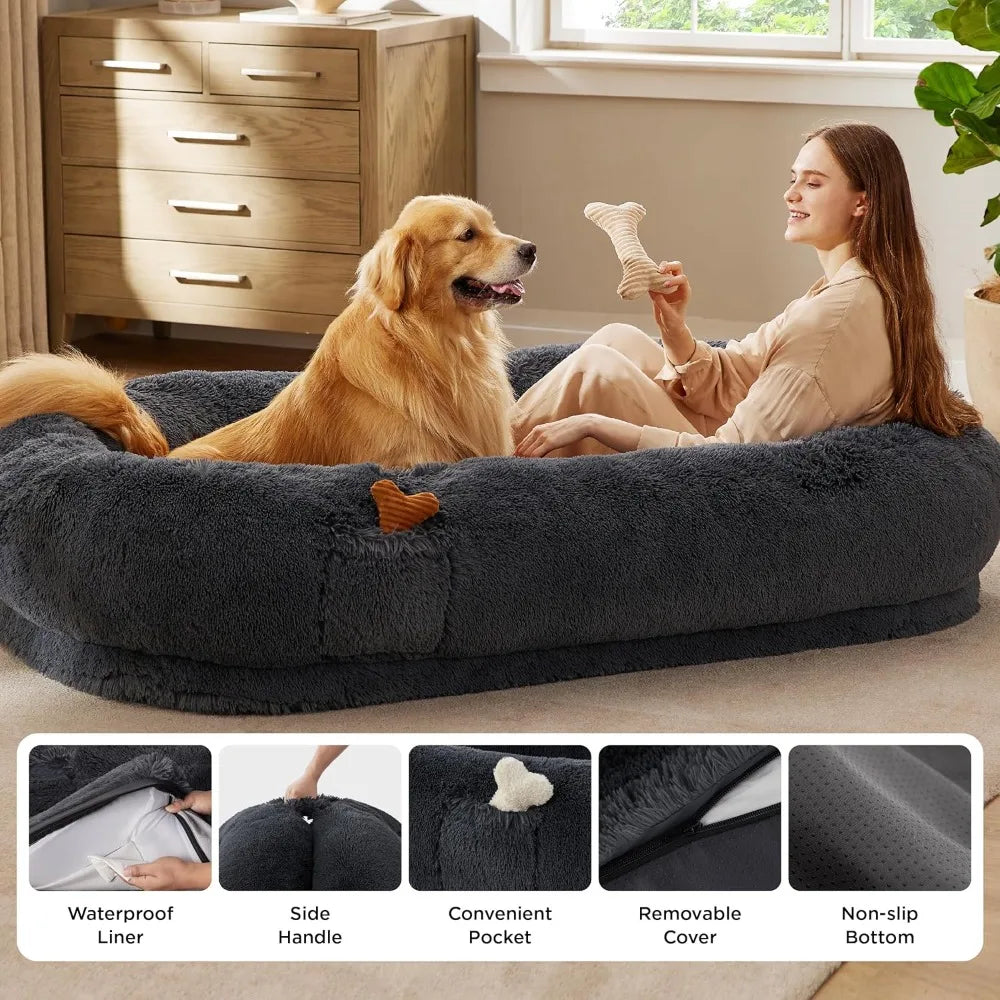 Human Dog Bed, 71.0 x 44.0 x 12.0 Calming Giant Human Dog Bed for Adults People Fits Pet Families with Storage Pocket, F