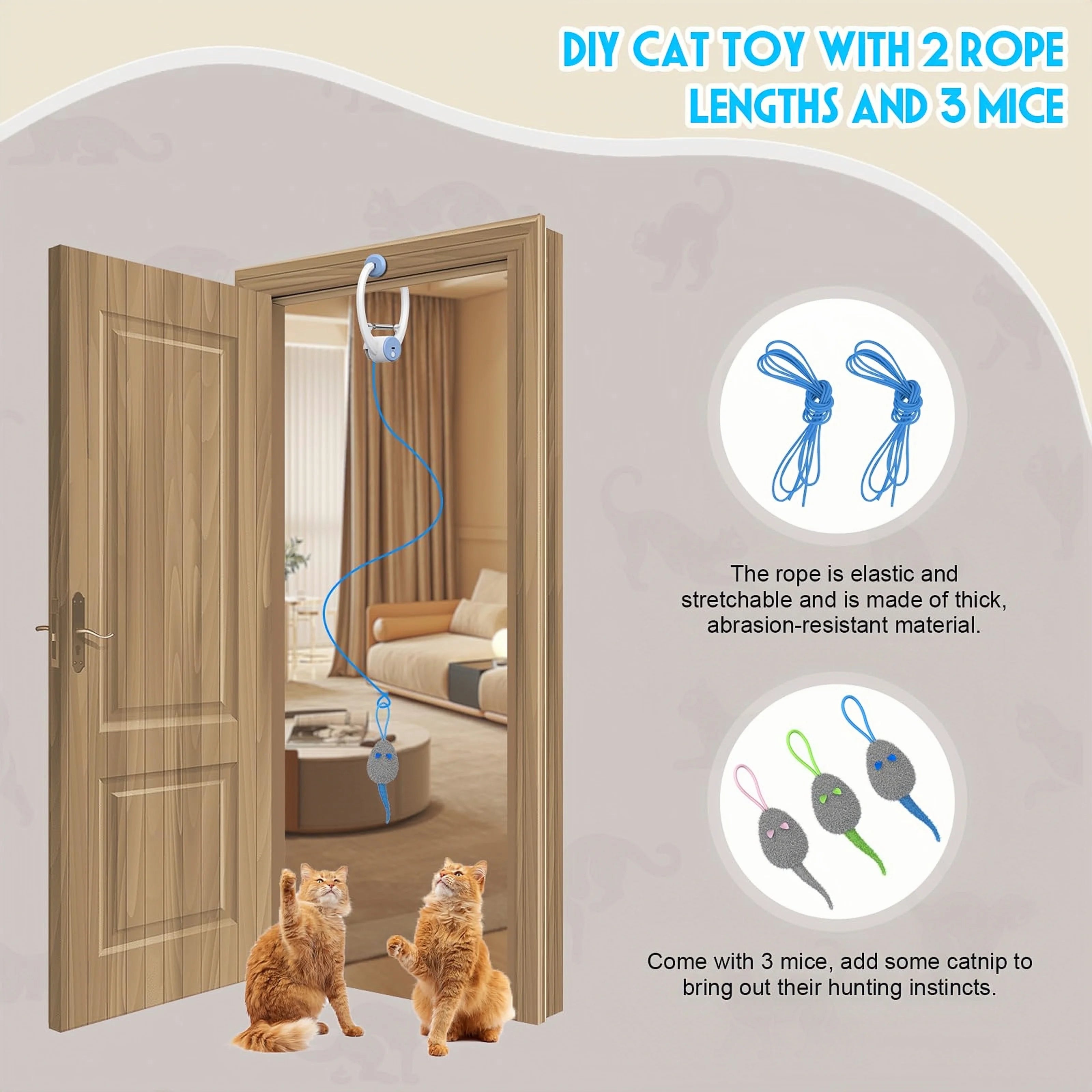 Door Hanging Auto-Rebound Cat Toy, Retractable Kitten Teaser with 3 Colorful Mice, Interactive Pet Play Toy for Indoor Cats