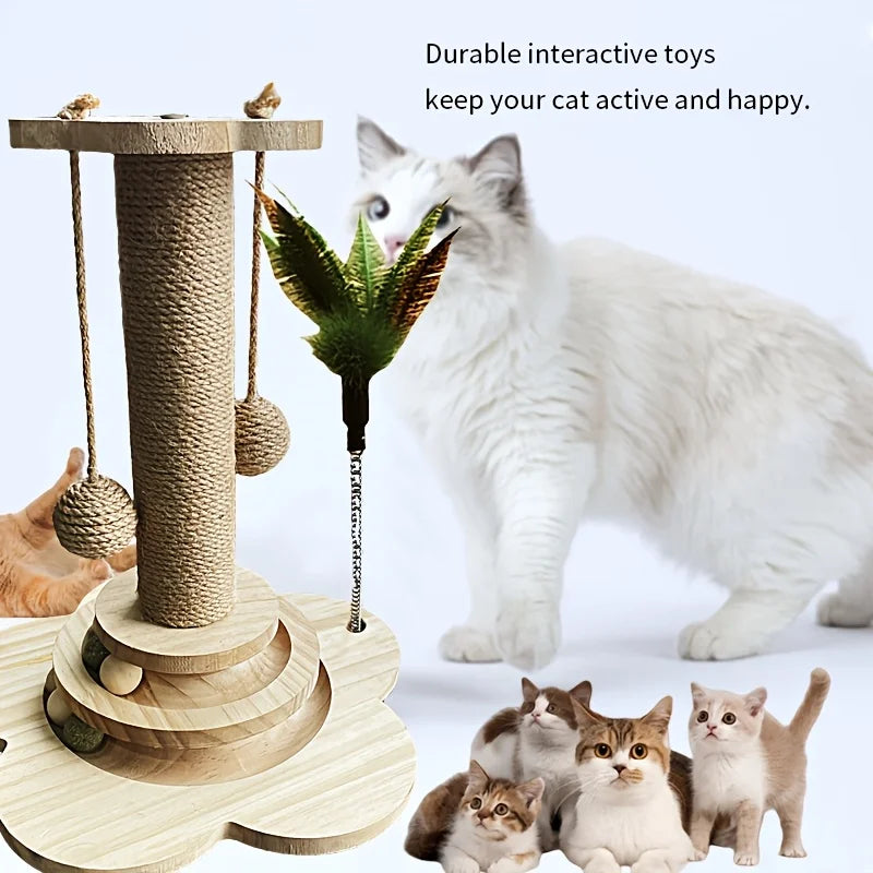 Indoor Cat Scratching Post for Home Pets, 2-Layer Ball Track Kitten Toy with Teasing Wand, Sisal Cat Scratching Post with Toy Ball