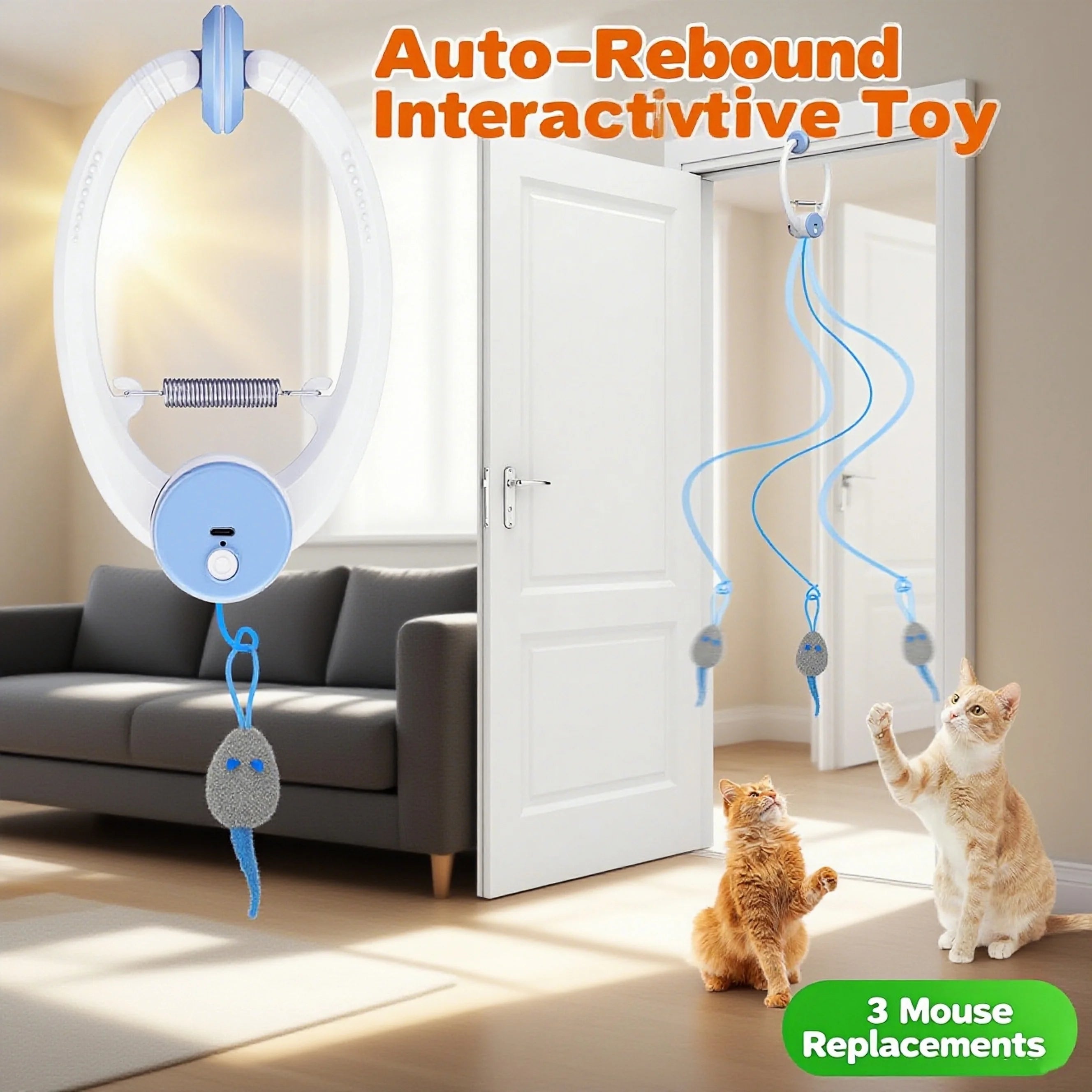 Door Hanging Auto-Rebound Cat Toy, Retractable Kitten Teaser with 3 Colorful Mice, Interactive Pet Play Toy for Indoor Cats