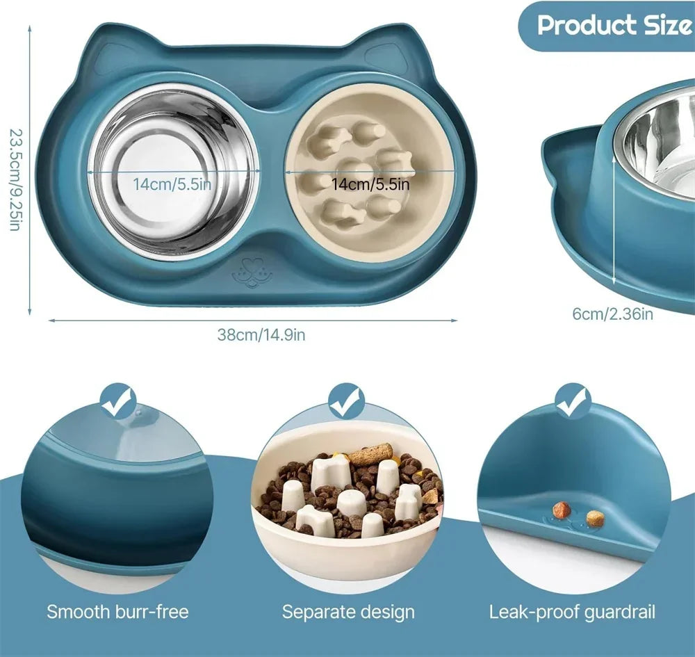 Pet Cat Feeding Bowl Stainless Steel Bowl Silicone Base Anti-Wrestling Dog and Cat Slow Food Bowl to Prevent Pet Choking Feeder