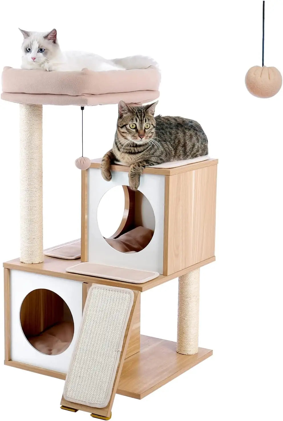 Road Large Cat Tree with Food Station, 74.8 Inches Wooden Tall Cat Tower with Extra Large Condos and Hammocks,Spacious Perch