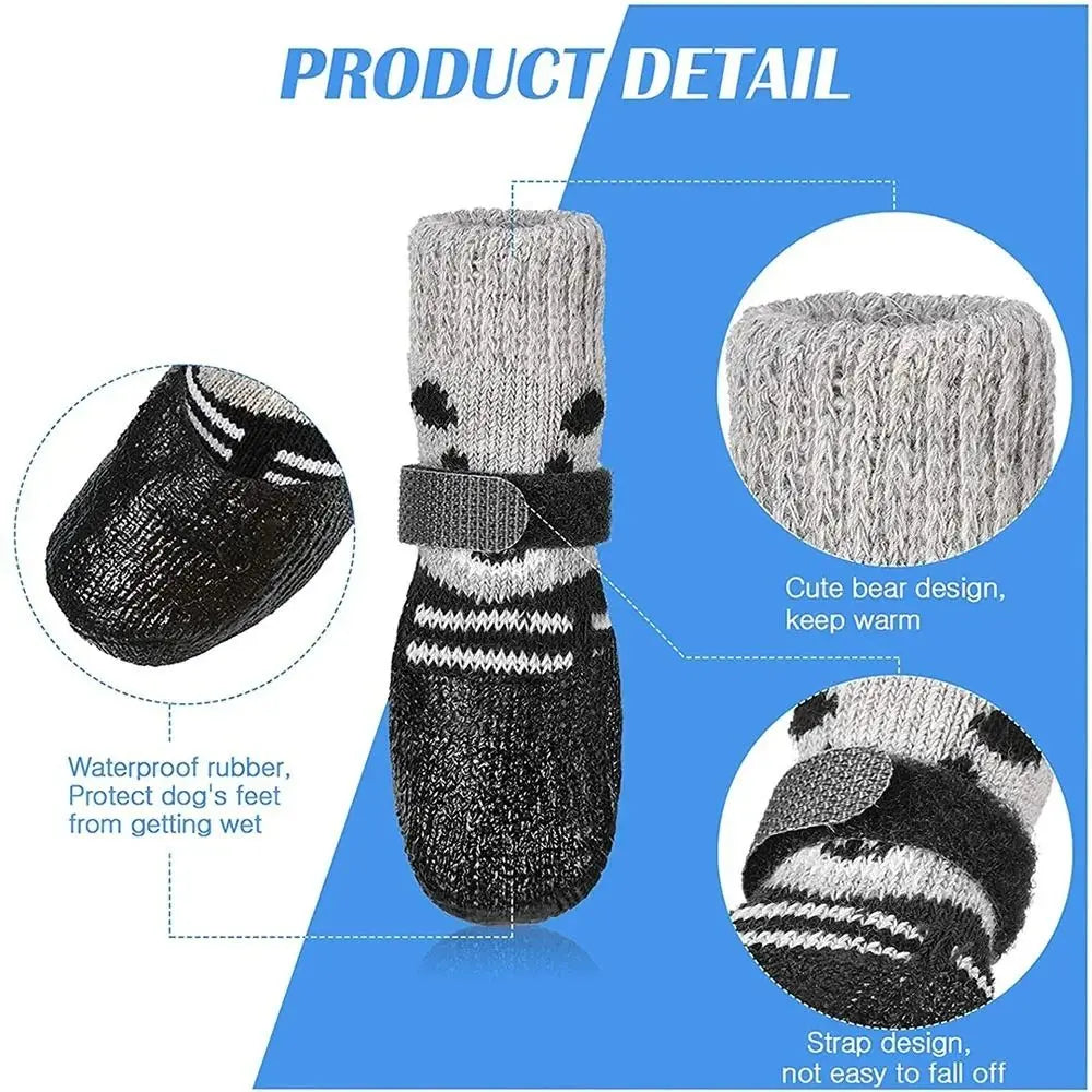 4Pcs Autumn Winter Pet Dog Shoes Socks Waterproof Cat Dog Rubber Socks Non-slip Dog Rain Snow Boots Socks Pet Knitting Warm Sock