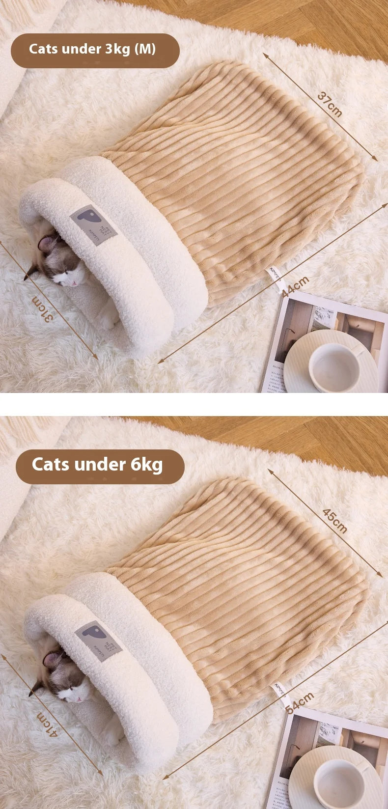 Enclosed Cat Cave Bed with Tunnel Entrance - Self Warming Plush Sleeping Bag for Winter, Security Hideaway for Pets