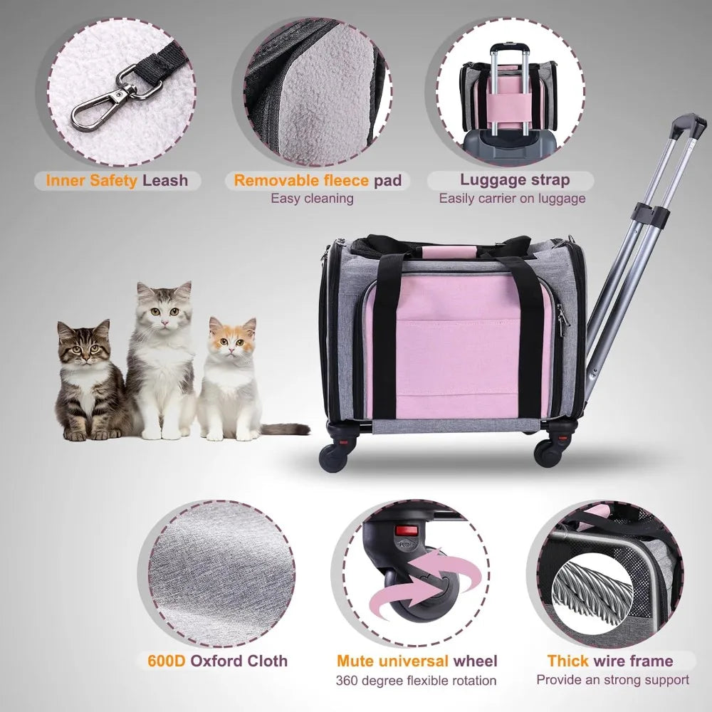 Airline Approved on Wheels - Two Sided Expandable Cat Soft Carrier for Puppy and Cats Under 26lbs, Rolling Cat Carrier
