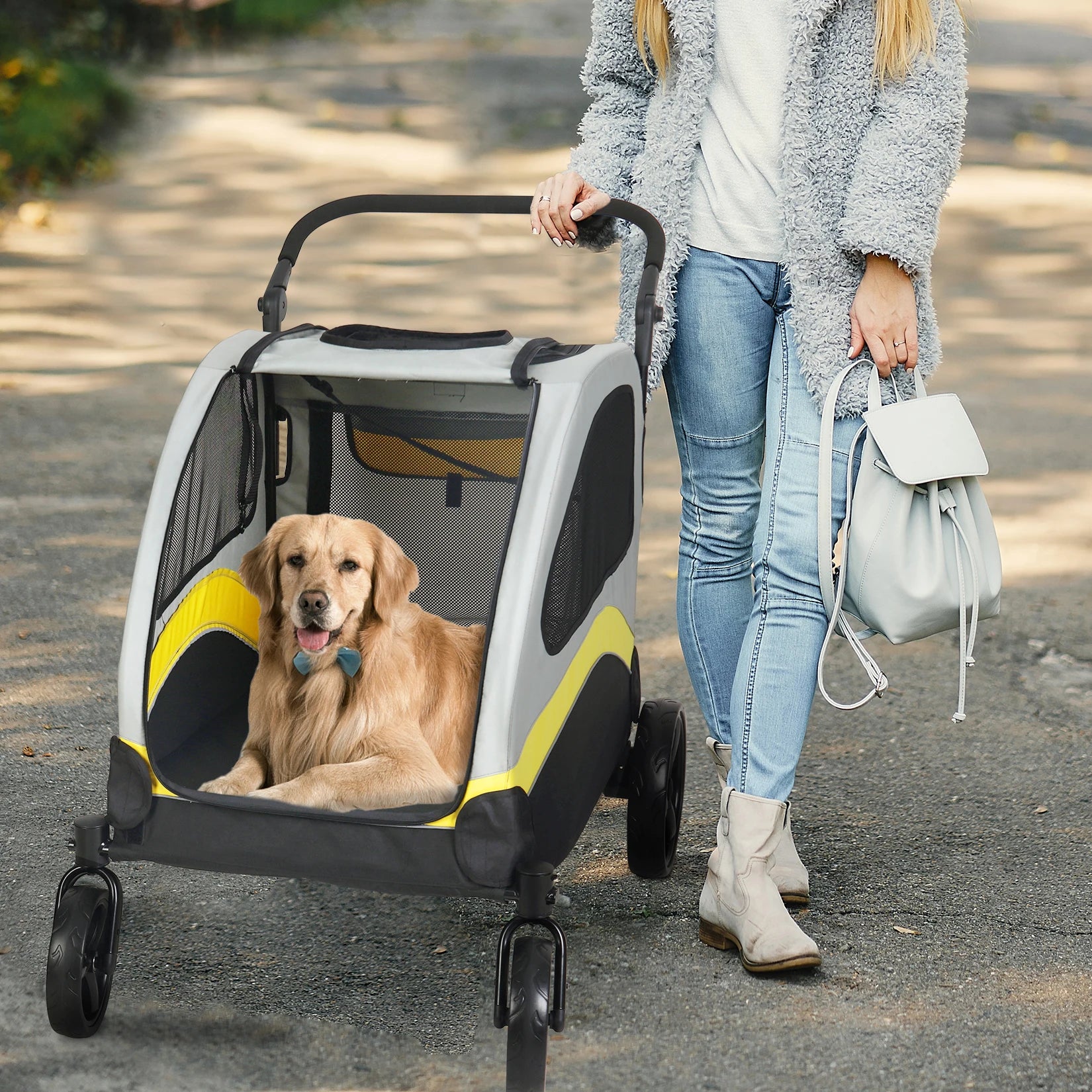 Foldable Dog Stroller for Large Pets – 4-Wheel Portable Travel Carriage for Dogs & Cats | Breathable Outdoor Pet Carrier