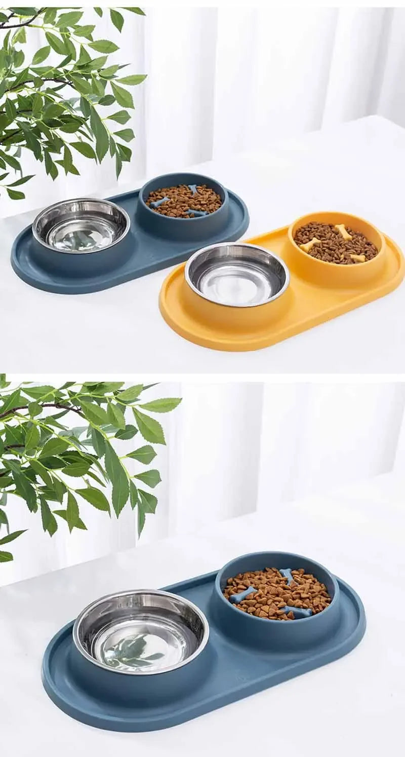 Dog Double Bowl With Silicone Mat Cat Pet Food Water Feeder Drinking Bowls Stainless Steel Anti-Choking Non-Slip Basin