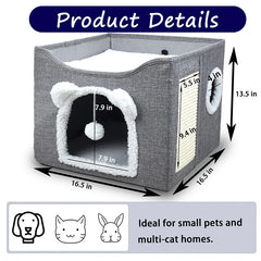 Large Cat House for Indoor Cats Foldable Hideaway with Hanging Fluffy Ball & Scratch Pad with Washable Removeable Cover