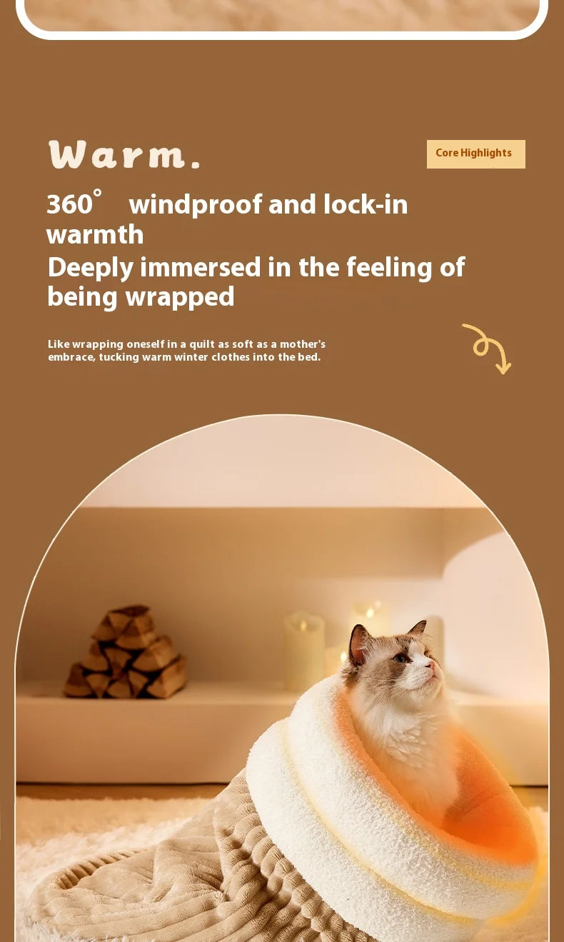Enclosed Cat Cave Bed with Tunnel Entrance - Self Warming Plush Sleeping Bag for Winter, Security Hideaway for Pets