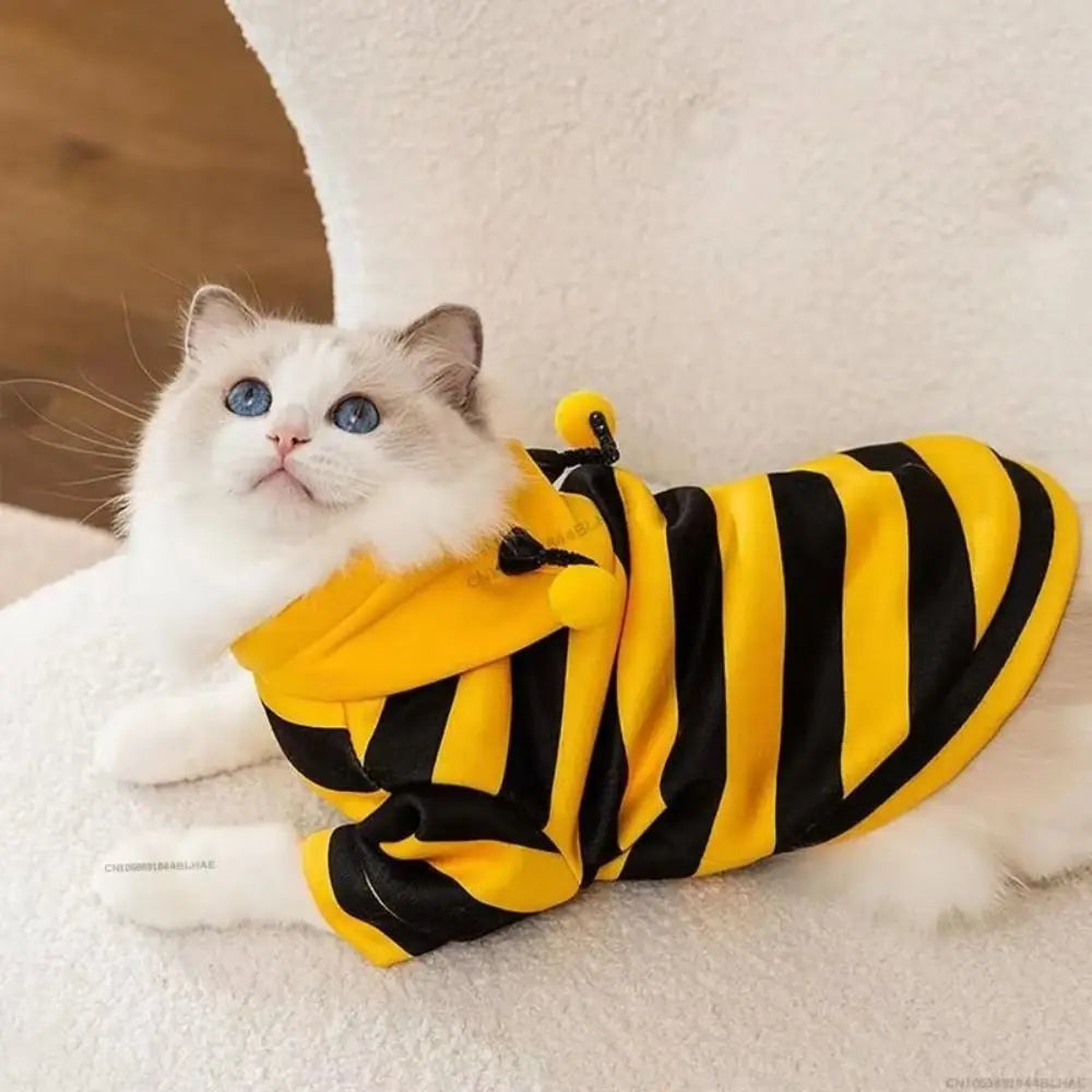 Cat Dog Bee Costume Soft Cat Holiday Cosplay Winter Warm Clothes Pet Bee Halloween Hoodies for Pet Supplies