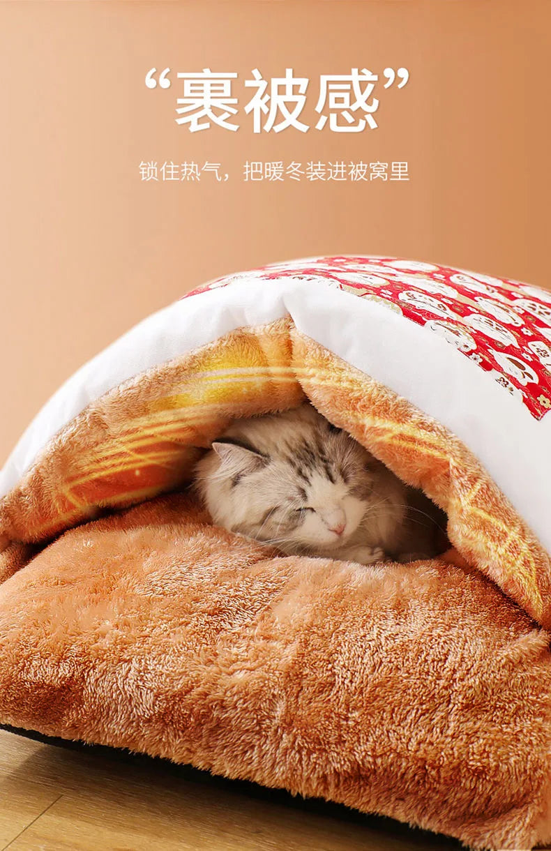 Japanese Deep Sleep Cave for Cats and Dogs, Warm Sleeping Bag, Removable Pet House, Nest Cushion with Pillow, Winter