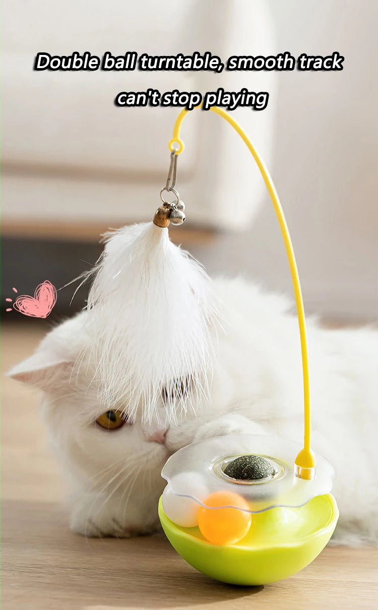 Funny Tumbler Toys for Cat Bite Resistant Removable Turntable Plush Feathers Cat Toy Interactive Cat Teasing Stick with Cat Mint
