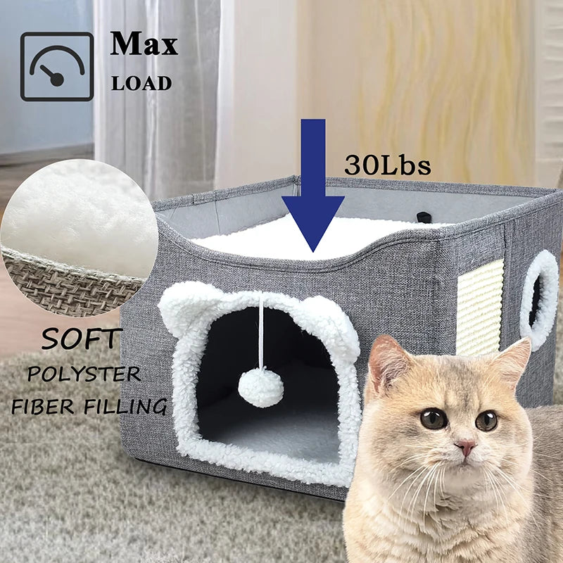 Large Cat House for Indoor Cats Foldable Hideaway with Hanging Fluffy Ball & Scratch Pad with Washable Removeable Cover