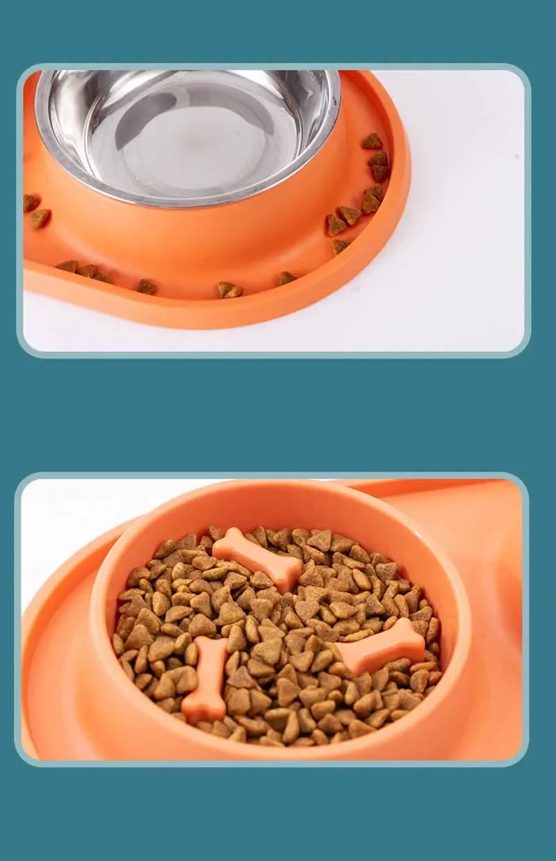 Dog Double Bowl With Silicone Mat Cat Pet Food Water Feeder Drinking Bowls Stainless Steel Anti-Choking Non-Slip Basin