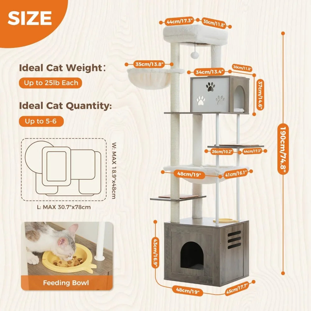 Road Large Cat Tree with Food Station, 74.8 Inches Wooden Tall Cat Tower with Extra Large Condos and Hammocks,Spacious Perch