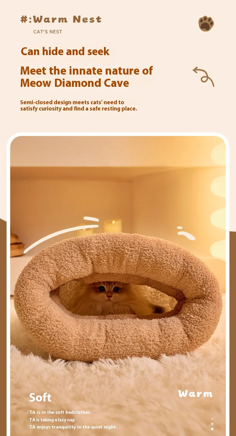 Enclosed Cat Cave Bed with Tunnel Entrance - Self Warming Plush Sleeping Bag for Winter, Security Hideaway for Pets