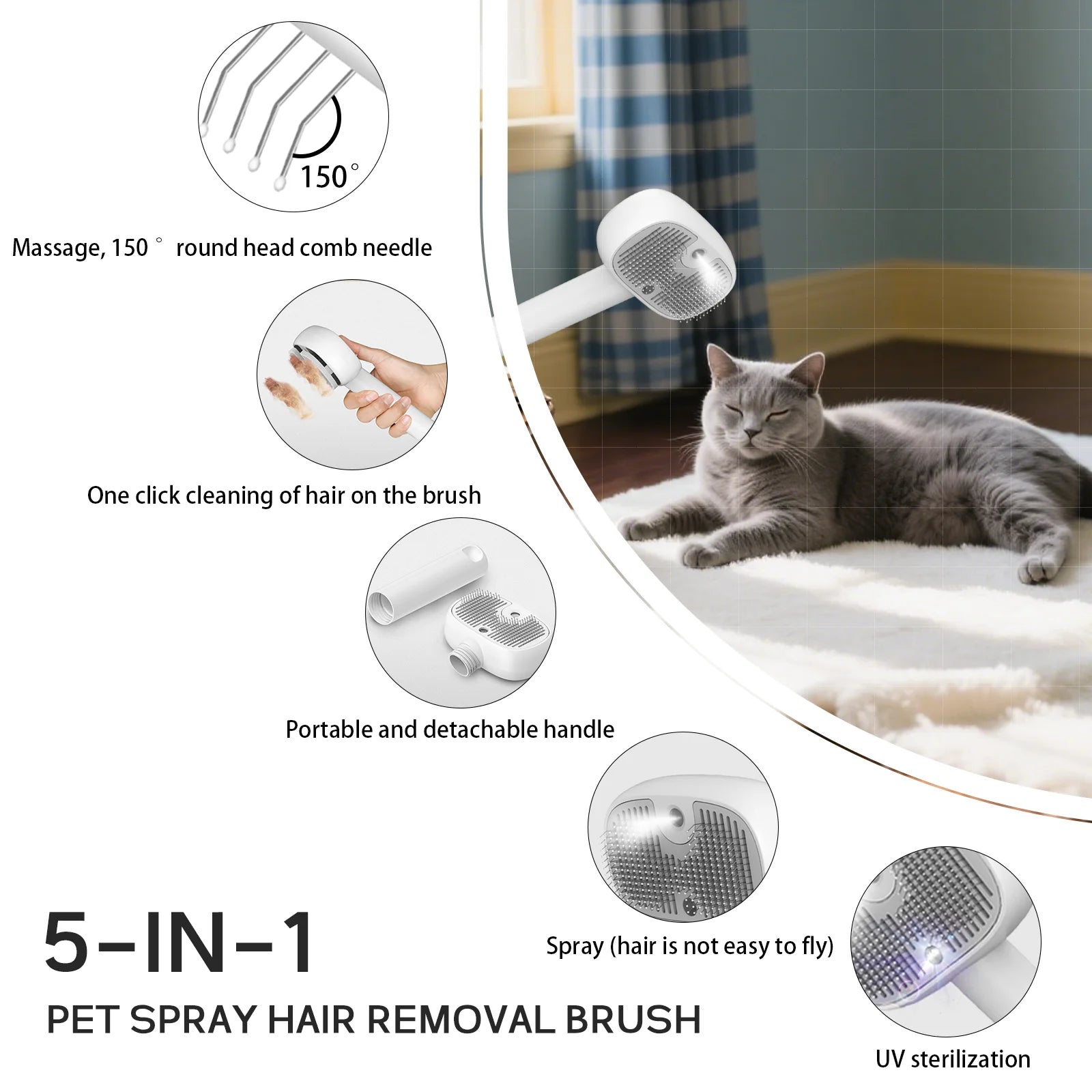 5-in-1 Pet Hair Brush with UV Sterilizer and Mist for Dogs & Cats, Deshedding Grooming Massage Comb, Easy Clean, CE FC Certified