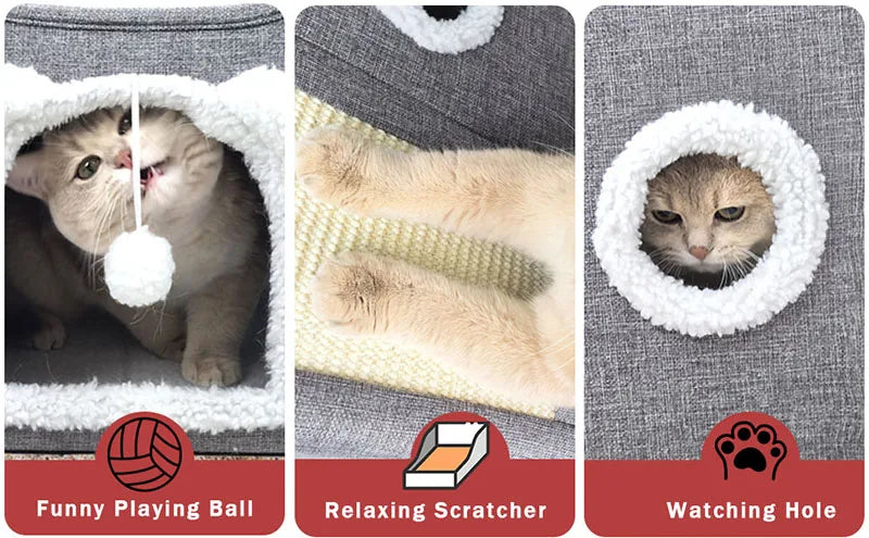 Large Cat House for Indoor Cats Foldable Hideaway with Hanging Fluffy Ball & Scratch Pad with Washable Removeable Cover