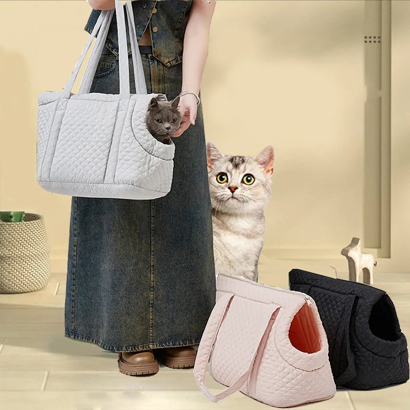 Pet Handbag Autumn and Winter Ultra-Light Quilted Cotton Pet Carrying Bag Single Shoulder Cat Outing Bag