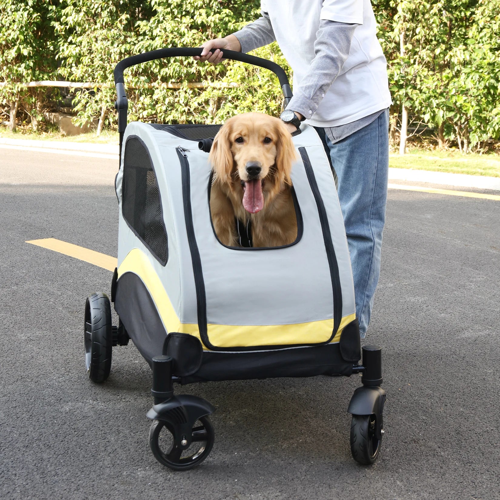 Foldable Dog Stroller for Large Pets – 4-Wheel Portable Travel Carriage for Dogs & Cats | Breathable Outdoor Pet Carrier