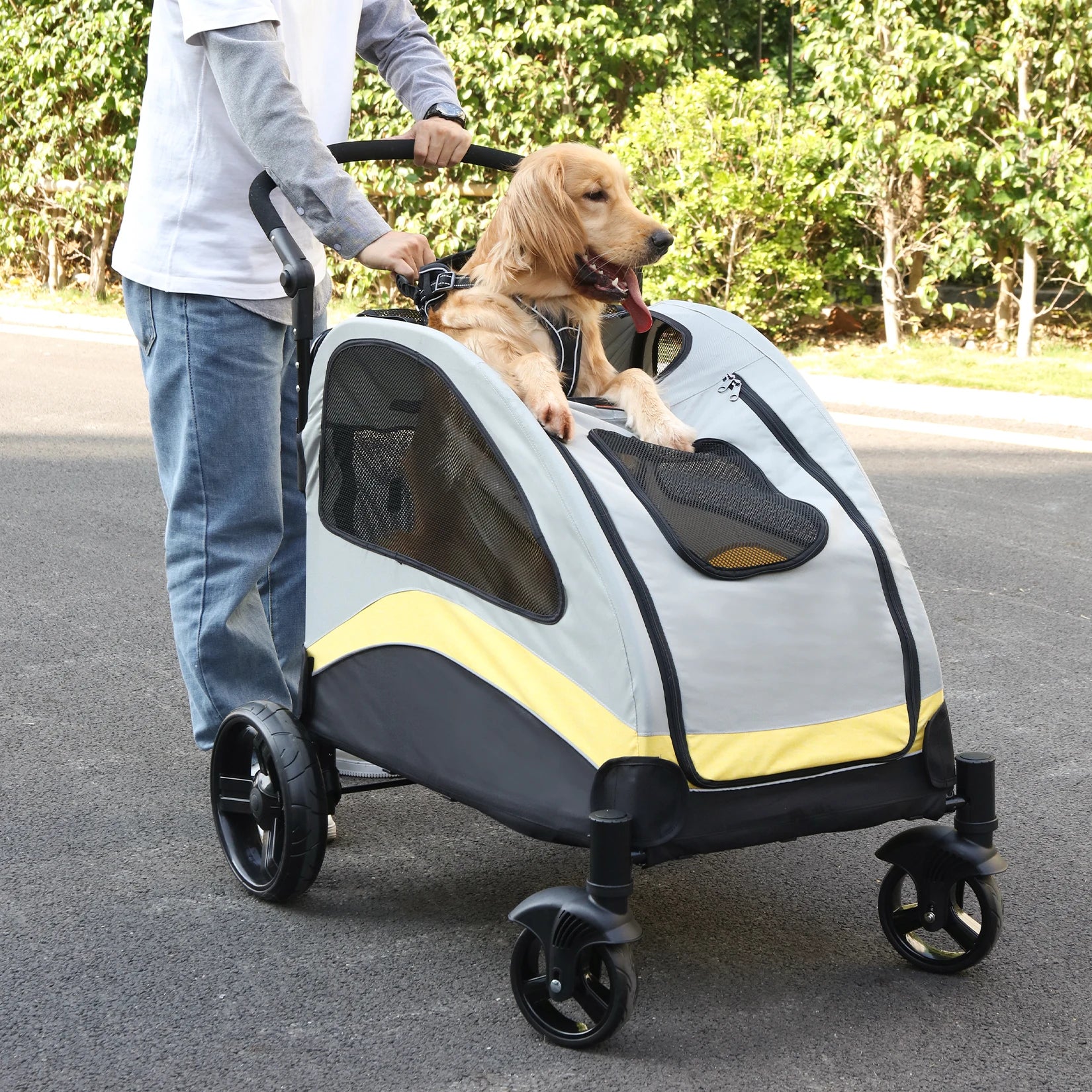 Foldable Dog Stroller for Large Pets – 4-Wheel Portable Travel Carriage for Dogs & Cats | Breathable Outdoor Pet Carrier