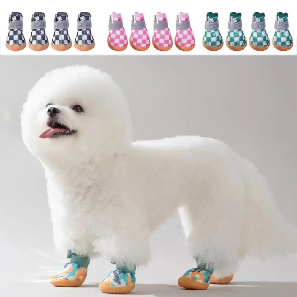 4pcs/set Pet Dog Shoes Breathable Anti-skid Wear-resistant Hollow Dog Boots Sandwich Mesh Soft Puppy Mesh Shoes Paw Protectors