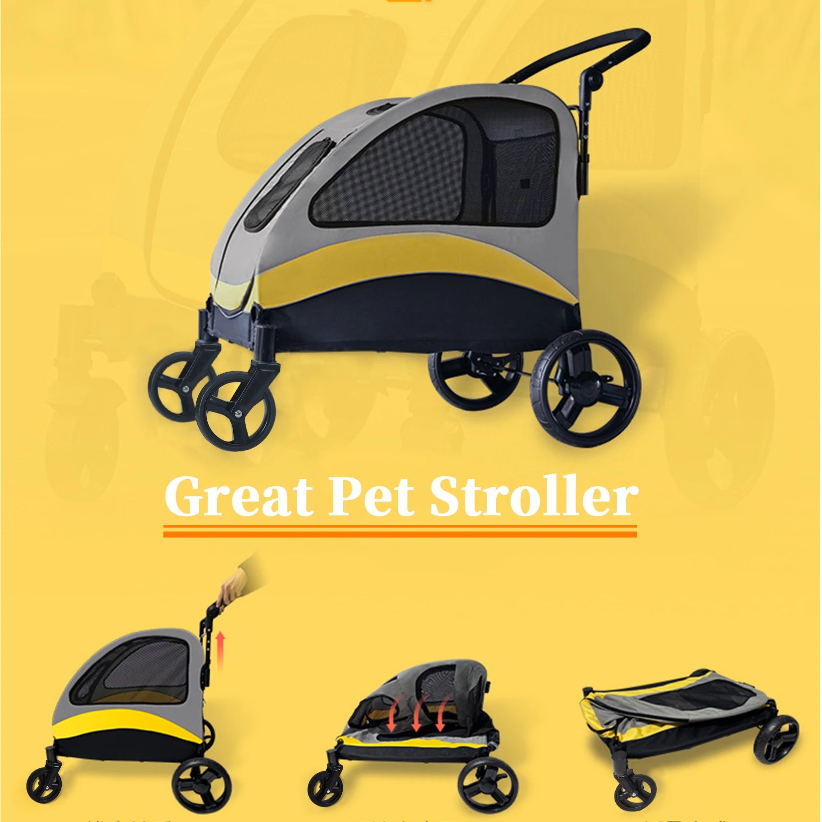 Foldable Dog Stroller for Large Pets – 4-Wheel Portable Travel Carriage for Dogs & Cats | Breathable Outdoor Pet Carrier