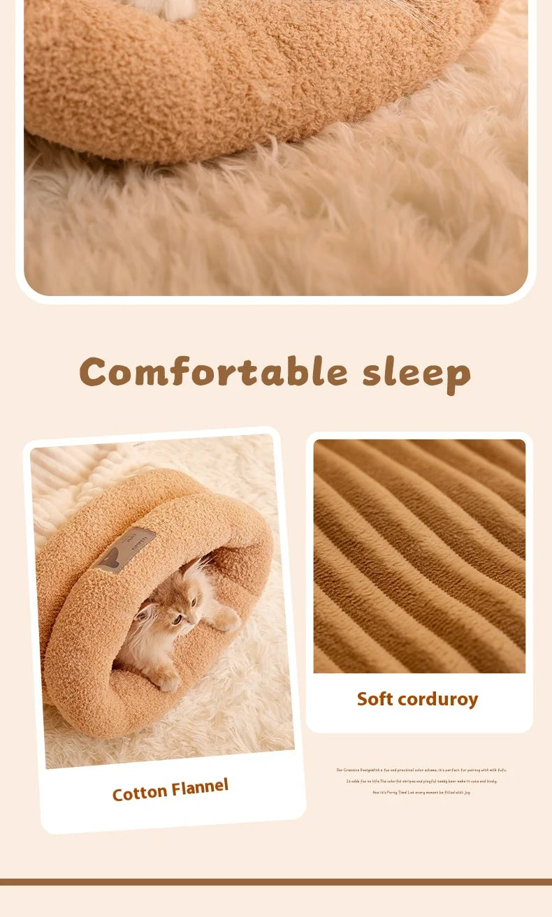 Enclosed Cat Cave Bed with Tunnel Entrance - Self Warming Plush Sleeping Bag for Winter, Security Hideaway for Pets