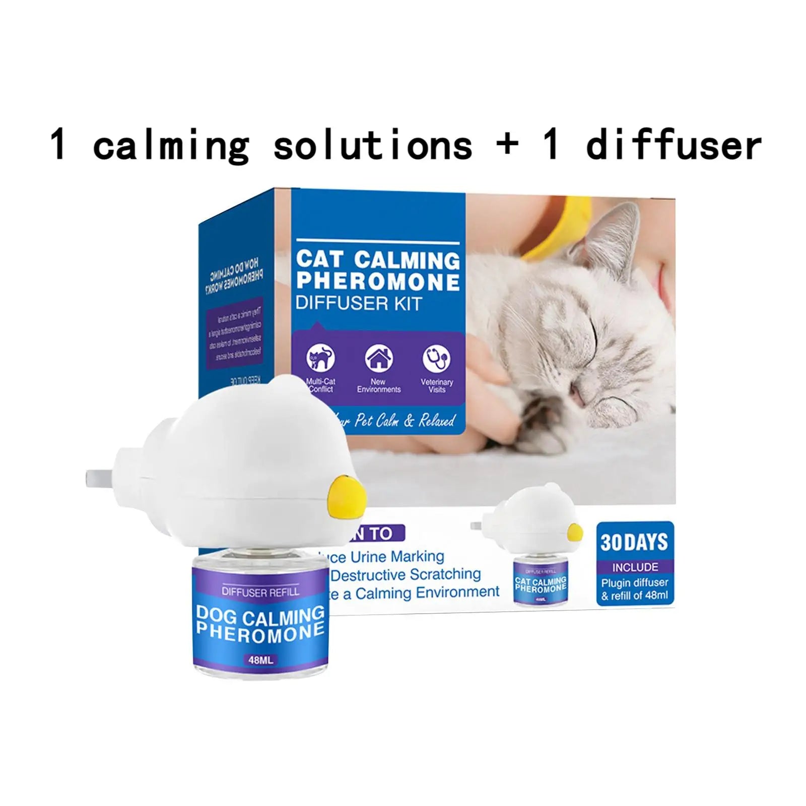 Pet Calming Diffuser Kit - Cat Pheromones Calming Diffuser Anxiety & Stress  (1 Diffuser + 1/2 Refill 48ml Vial) - 60 Days