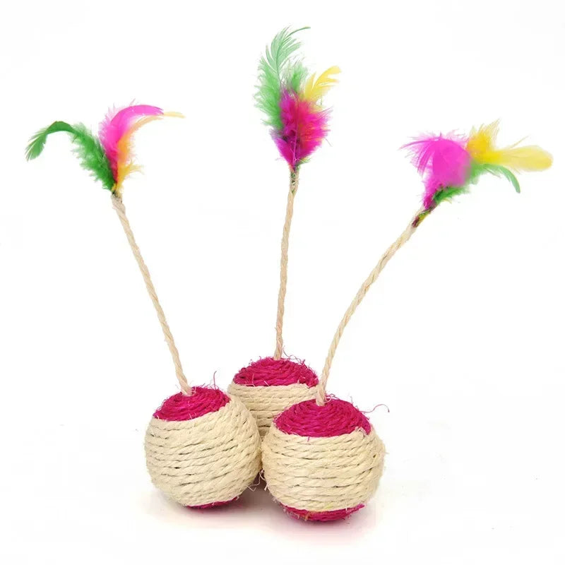 Feather Cat Balls, Cat Scratcher Toy Sisal Cat Scratching Rotatable Ball Molar Chew Toy Cat Feather Ball Cat Interactive Toys
