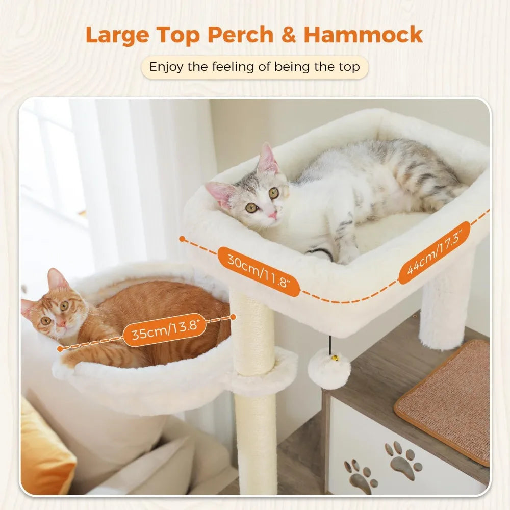 Road Large Cat Tree with Food Station, 74.8 Inches Wooden Tall Cat Tower with Extra Large Condos and Hammocks,Spacious Perch