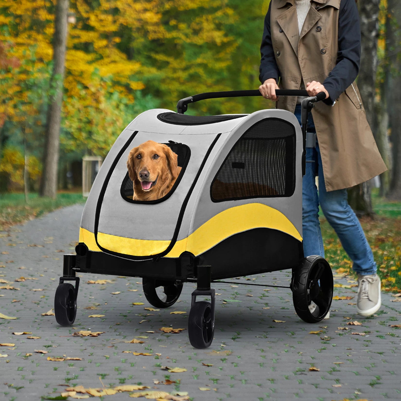 Foldable Dog Stroller for Large Pets – 4-Wheel Portable Travel Carriage for Dogs & Cats | Breathable Outdoor Pet Carrier