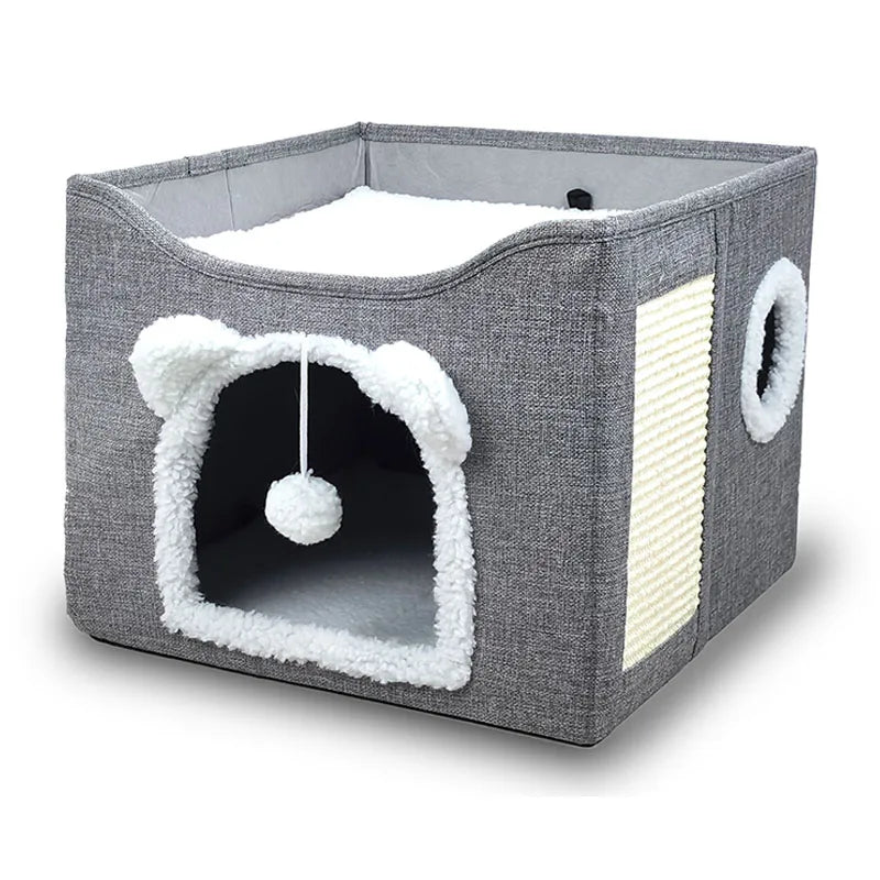 Large Cat House for Indoor Cats Foldable Hideaway with Hanging Fluffy Ball & Scratch Pad with Washable Removeable Cover