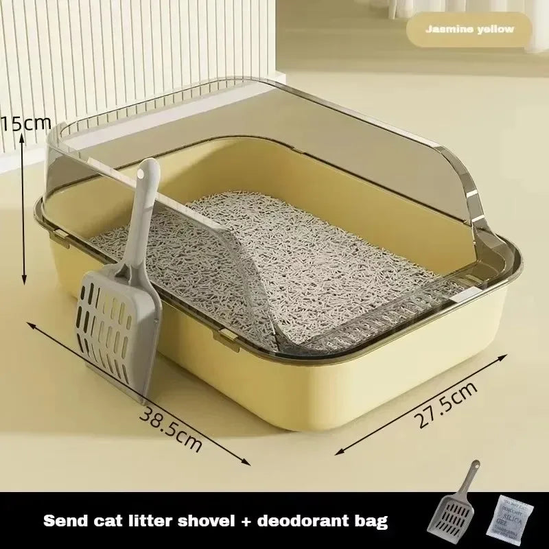Cat Litter Box Semi Enclosed Design with High Fence Open Top Tray Easy to Clean Durable Kitty Sandbox with Scoop Pet Toilet
