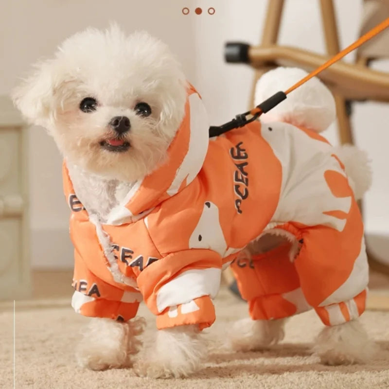 Dog Autumn and Winter Clothing Splash-proof Puppy Warm Four-legged Cotton Clothing Pet Outdoor Waterproof Clothing Teddy Puppy
