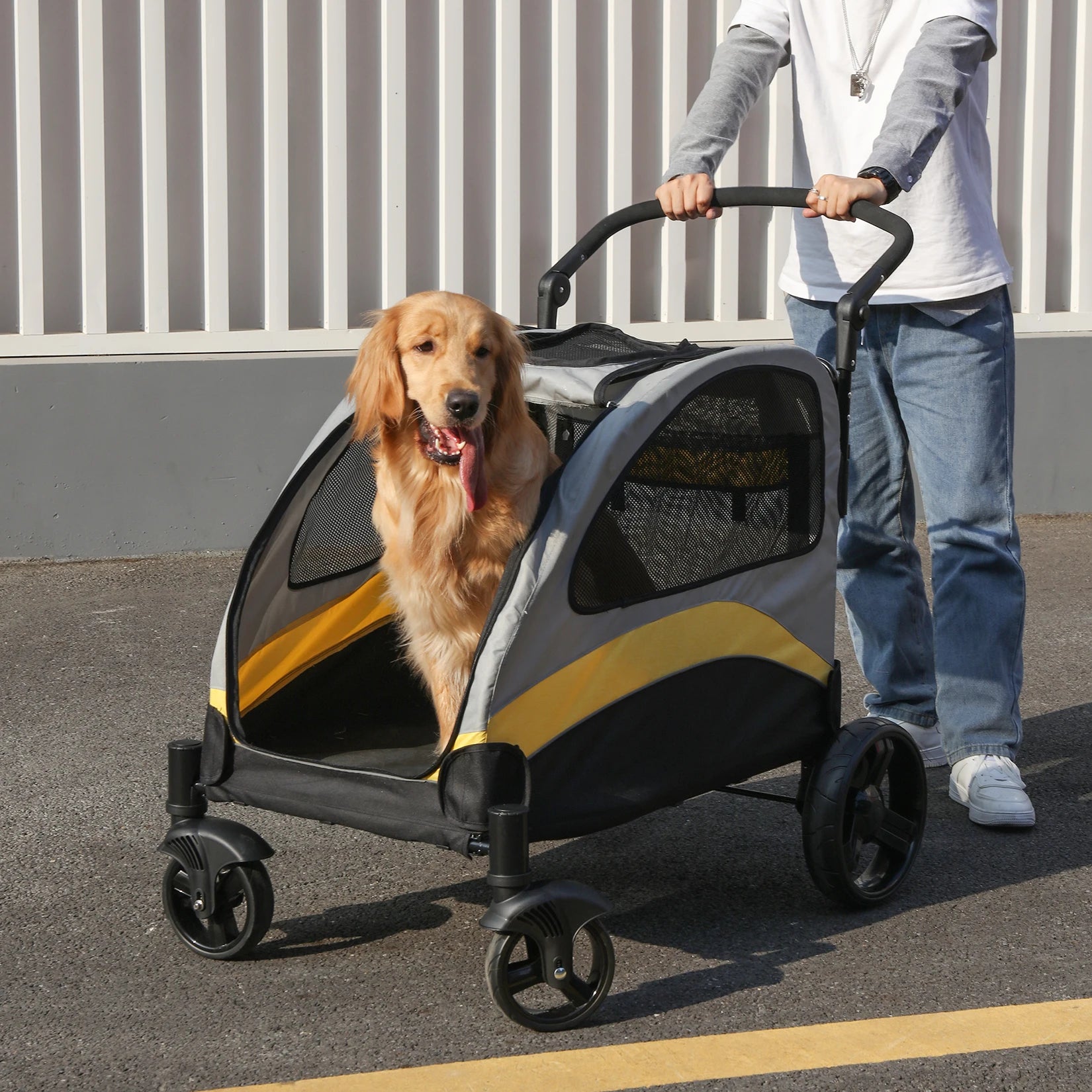 Foldable Dog Stroller for Large Pets – 4-Wheel Portable Travel Carriage for Dogs & Cats | Breathable Outdoor Pet Carrier